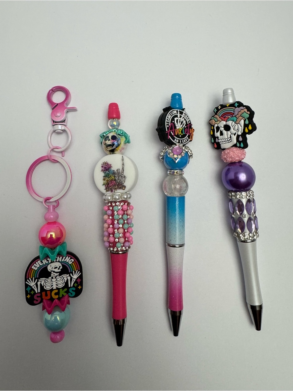 Pink Beaded Charm Pen with Skull & Rainbow Accents